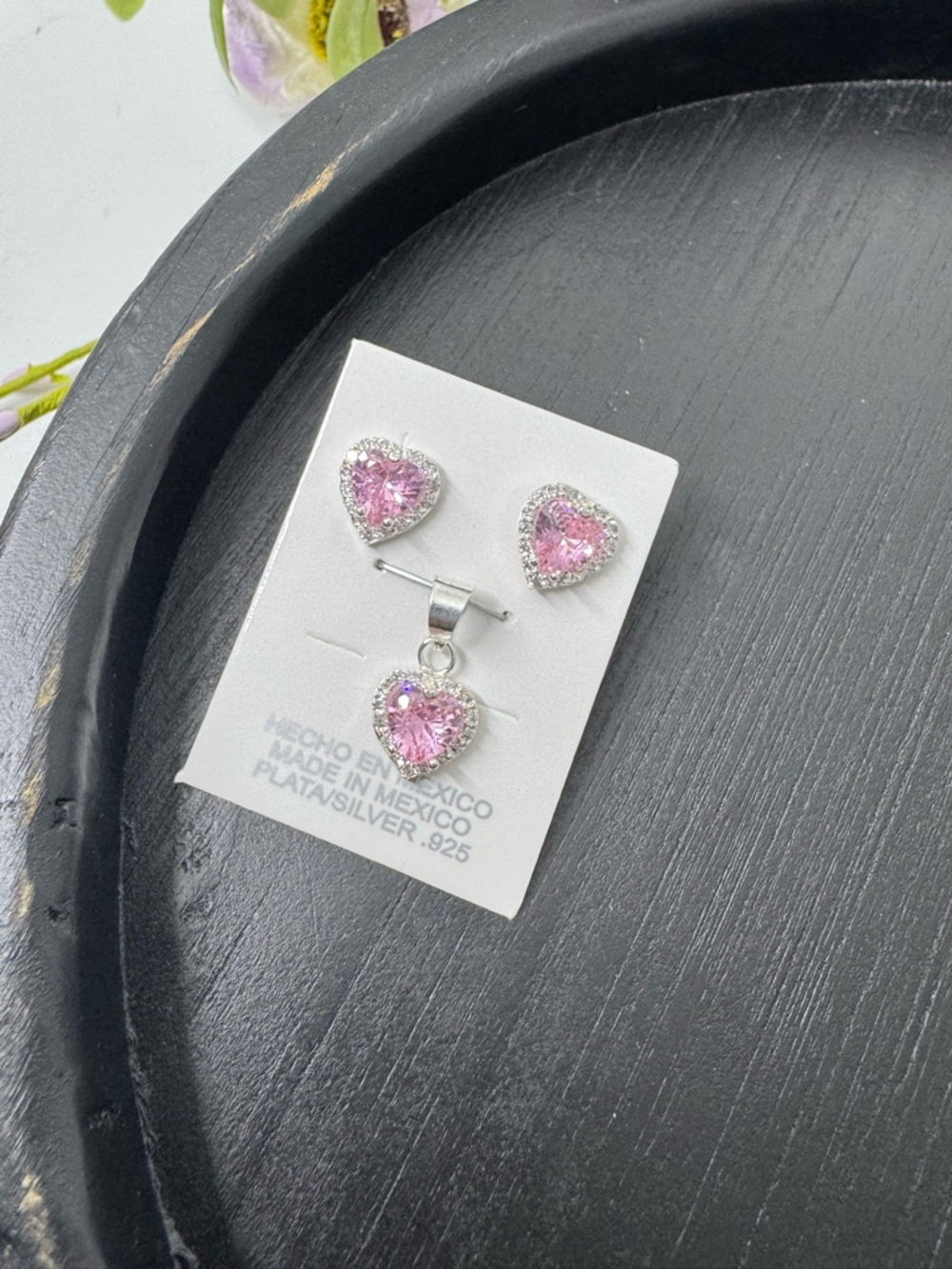 Heart-Shaped Pink Cubic Zirconia Pendant and Stud Earring Set Silver 925